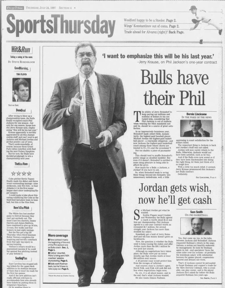 The Floyd hunt was so public that when the Bulls re-signed Phil in the summer of ‘97, the Tribune included a photo of Floyd on the front page of the sports section with the caption, “Not so fast.”