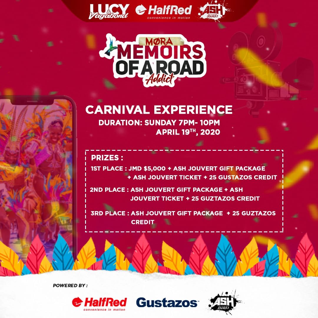 AshJouvertJa's tweet photo. Calling all Revellers 🗣 Come and Show out with Memoirs of A Road Addict ; enter for your chance of winning prizes from our partners &amp; sponsors: 
@GustazosJamaica 
@HalfRedTaxi 
@AshJouvertJa 

#MORA #RoadAddictLive #HalfRed #FeteDuty #LucyandVagabond #ShareTheExperience https://t.co/2vXIGawYiy