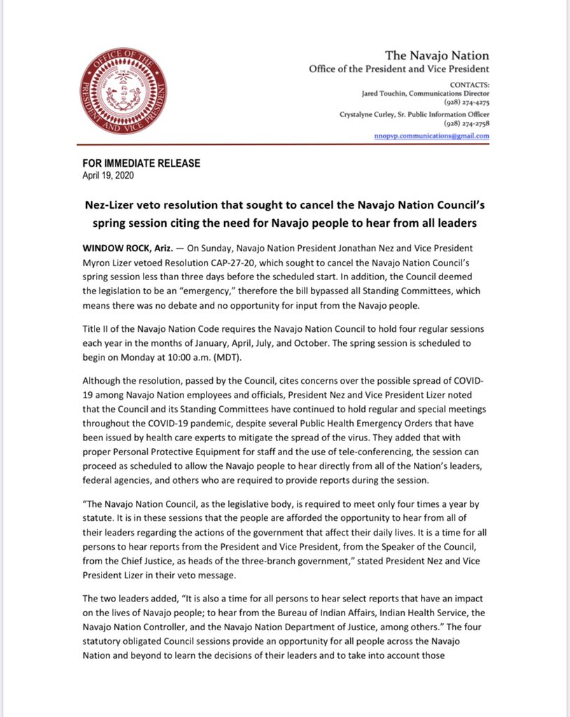 Navajo Nation President Jonathan Nez Nez Lizer Veto Resolution That Sought To Cancel The Navajo Nation Council S Spring Session Citing The Need For Navajo People To Hear From All Leaders T Co Fxbshkfbyc