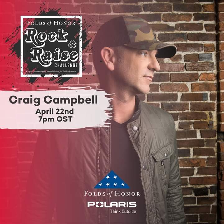 CampbellsCorral's tweet photo. The Folds of Honor #RockandRaise virtual concert series is back. Join us Wednesday, April 22 at 7 p.m. CST for a live set with Craig Campbell. Don't forget to bid on your favorite songs. All proceeds benefit @FoldsofHonor. #GearedforGood @craigcampbelltv 
https://t.co/quAK7kx4vl https://t.co/kVwyiH9W29