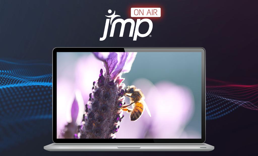 graphic of laptop showing a bee pollinating a flower, for JMP On Air's Earth Day show