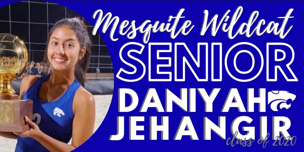 MesquiteBeachVB's tweet photo. Our last Senior that we pay tribute to is Daniyah Jehangir. @daniyahh_ was a member of our undefeated State Champion Beach Volleyball team last year. This Fall she will be attending Park University - Gilbert on a beach volleyball scholarship! Check back Tuesday for Senior Night! https://t.co/5y9YdtKDwf