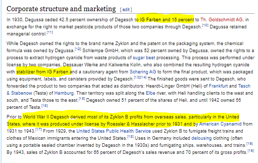 Not only did the Rockefellers provide over $70 Million in their patented airplane fuel additive (that the Nazis used to bomb Britain) through IG (It was produced by the Bayer part of IG actually), they also helped produce the Zyklon BUsed in the Holocaust gas chambers.