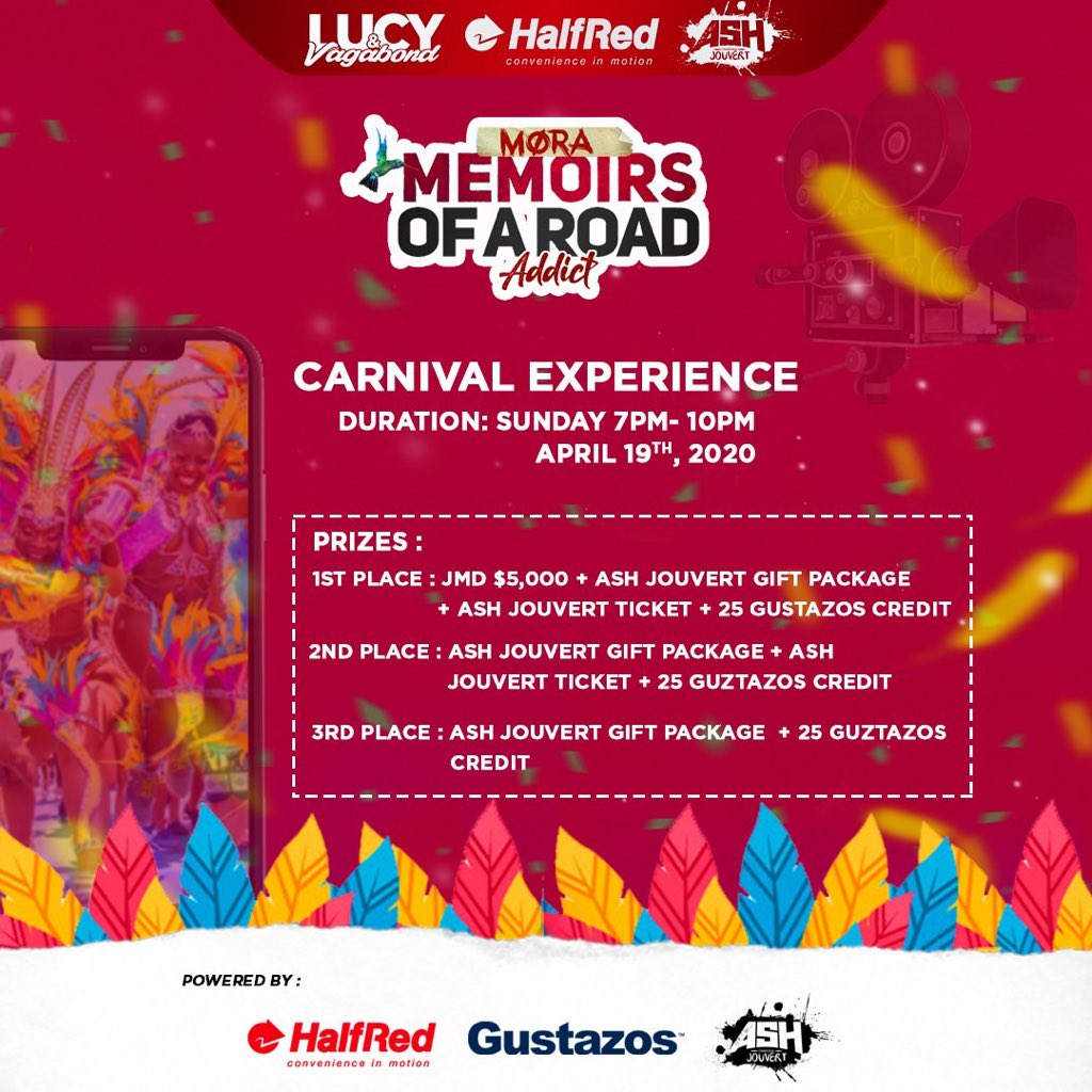 W1TCHNEXTDOOR's tweet photo. Calling all Revellers 🗣 Come and Show out with Memoirs of A Road Addict ; enter for your chance of winning prizes from our partners &amp; sponsors: 
@GustazosJamaica 
@HalfRedTaxi 
@AshJouvertJa 

#MORA #RoadAddictLive #HalfRed #FeteDuty #LucyandVagabond #ShareTheExperience https://t.co/AUHYtY05Zt