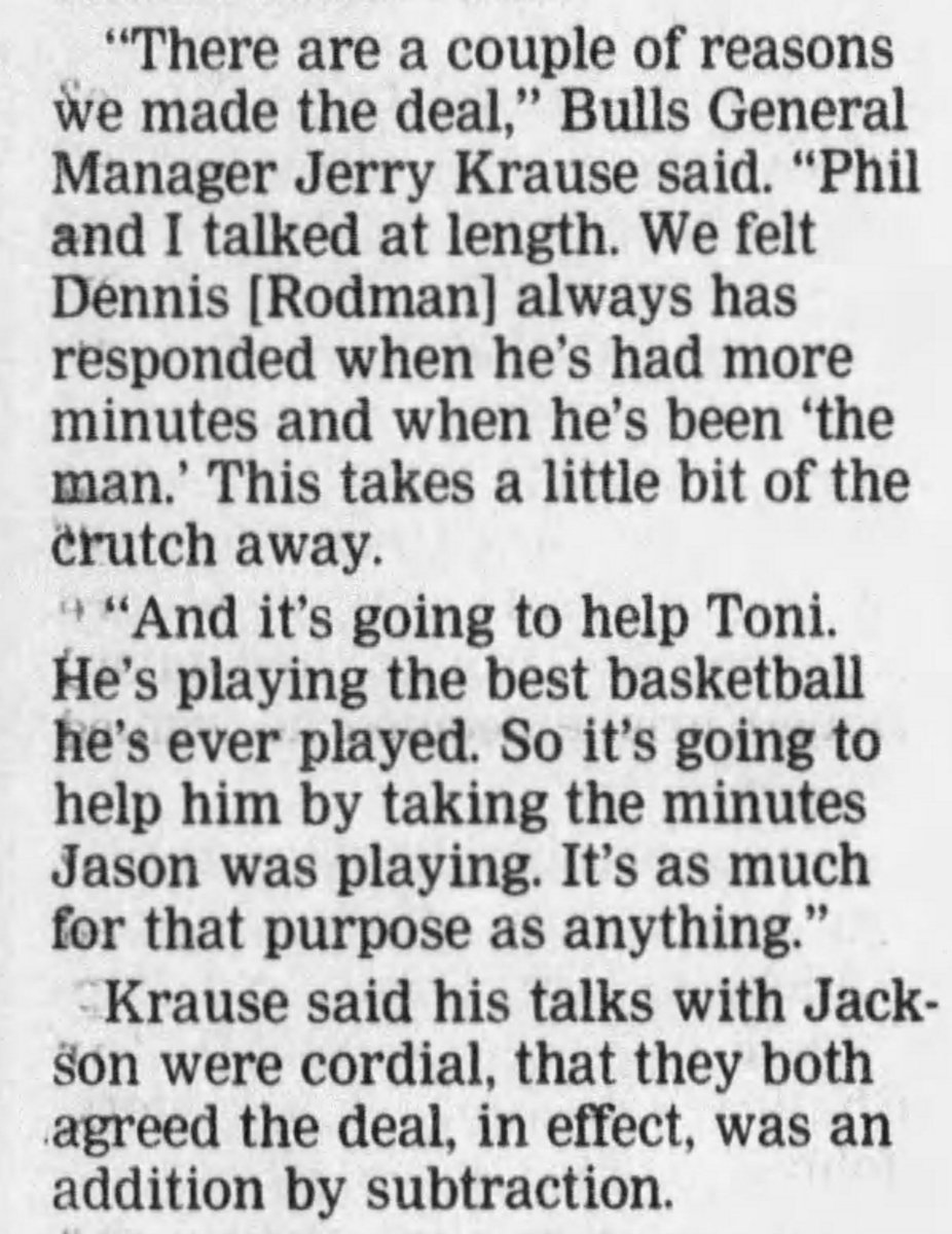 I can't overstate the drama at play in the '97-'98 Bulls season — from Pippen’s foot surgery and extended absence to Rodman’s increasing antics to Krause angering Jordan by trading Jason Caffey for a player they released soon after, plus 2nd round picks. https://www.espn.com/magazine/vol1no02jordan.html