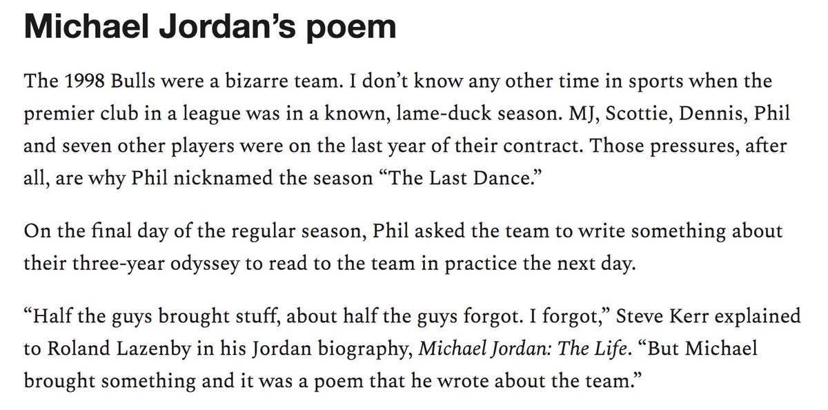 Jackson used the Last Dance vibe in a team ceremony at the conclusion of the regular season, asking everyone to write some reflections on their three-year odyssey. Some did, some didn’t.Jordan wrote a poem. As  @SteveKerr recounted to  @lazenby: https://readjack.substack.com/p/6-things-i-want-to-see-in-the-last