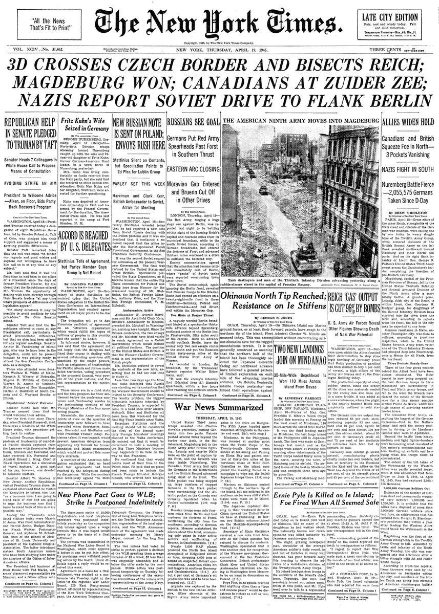 April 19, 1945: 3D Crosses Czech Border and Bisects Reich; Magdeburg Won; Canadians at Zuider Zee; Nazis Report Soviet Drive to Flank Berlin  https://nyti.ms/2xGVpxE 