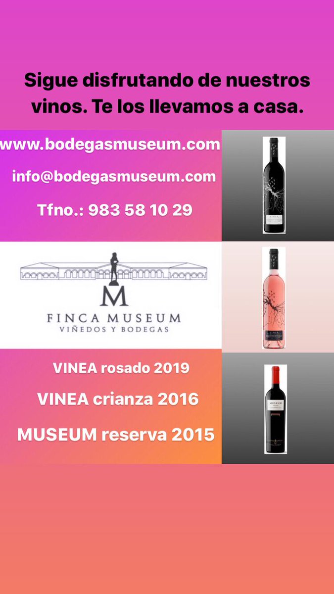 Las <a href="/bodegasmuseum/">bodegasmuseum</a> de #Cigales nos invita a seguir disfrutando de sus #vinos gracias a los envío a casa de su #VineaRosado #VineaCrianza y #VineaReserva + Info y pedidos en info@bodegasmuseum.com y el tfn 983 58 10 29 <a href="/DOCigales/">D.O. Cigales</a> <a href="/RutaVinoCigales/">Ruta del Vino Cigales</a>