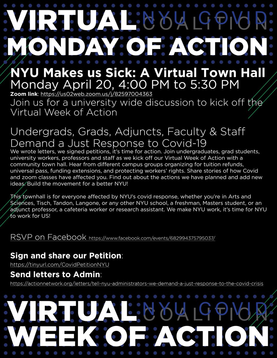 Tomorrow we’re kicking off our Virtual Week of Action, starting at 4:00PM EDT with NYU Makes Us Sick: A Virtual Town Hall!

Full schedule of actions for each day below, with twitter storms, in-class actions, zoom backgrounds + all to come:
tinyurl.com/nyuVWAschedule

#NYUMakesUsSick