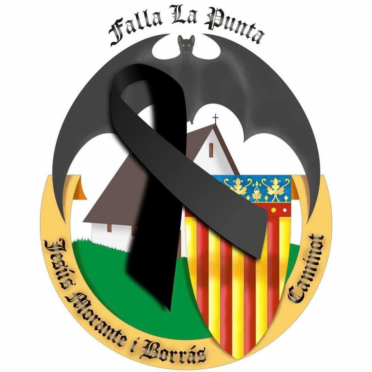 FallaLaPunta's tweet photo. Com a mostra de respecte i condol per aquells que estan patint o que desgraciadament ens han deixat a causa del #COVID19, el nostre escut lluirà el crespó negre fins finalitzar l’estat d’alarma i el posterior periode de dol que es declare. https://t.co/HojKnCVJG5