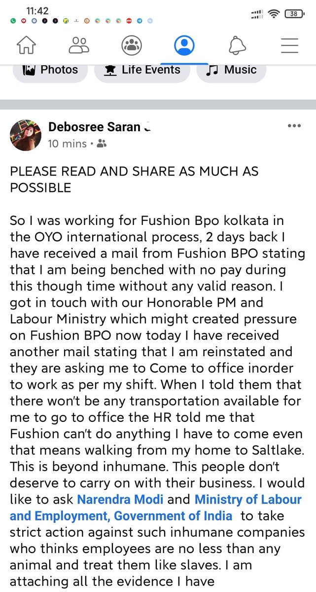 DebosreeSaran's tweet photo. @narendramodi @PMOIndia @LabourMinistry @santoshgangwar Please help me @oyorooms and @FusionBPO asking me to rejoin with a condition that I have to attend office by myself without transport by myself even if it means walking 30km to office. https://t.co/YvkyjcUa3u