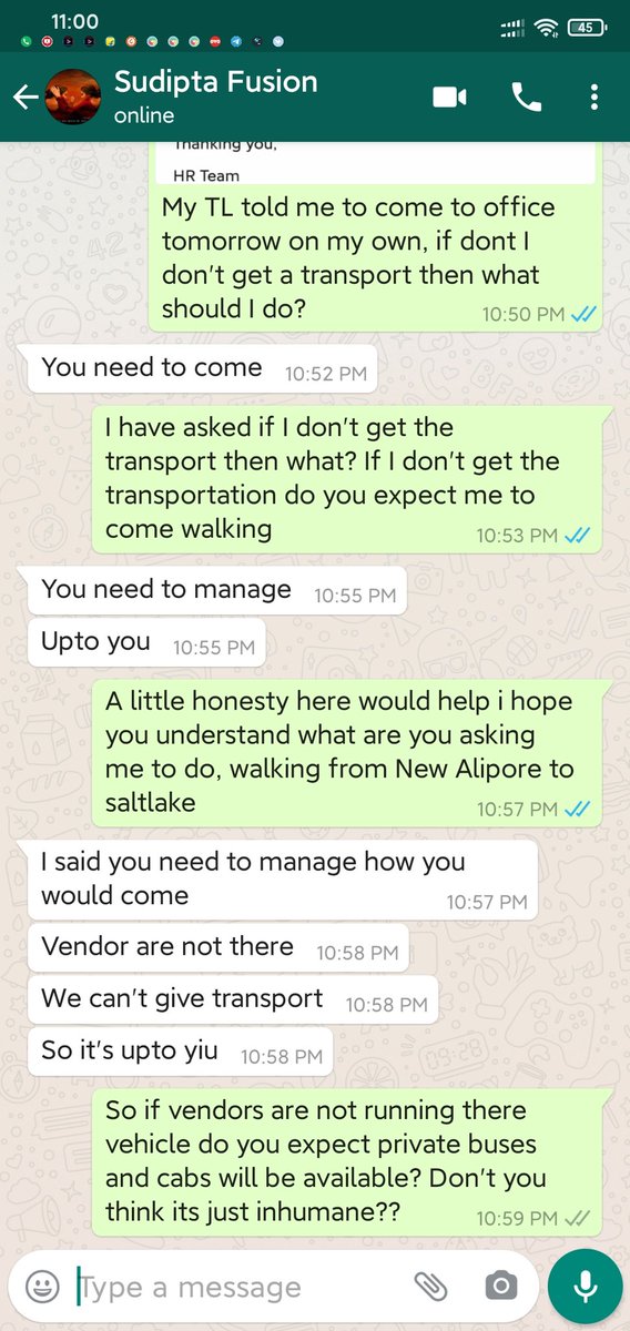 DebosreeSaran's tweet photo. @narendramodi @PMOIndia @LabourMinistry @santoshgangwar Please help me @oyorooms and @FusionBPO asking me to rejoin with a condition that I have to attend office by myself without transport by myself even if it means walking 30km to office. https://t.co/YvkyjcUa3u