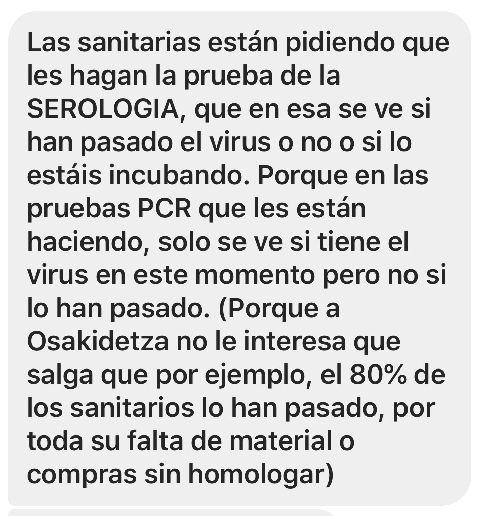 Me cuenta esto una amiga que trabaja en Osakidetza. Me dice que los aplausos molan pero que esto le importa mucho más. Se ruega difusión.