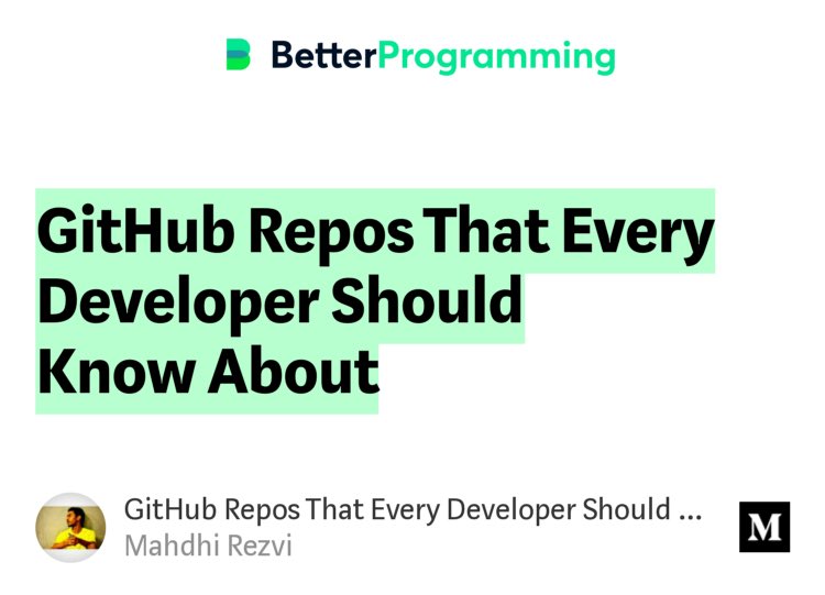 codrgrrl's tweet image. “GitHub Repos That Every Developer Should Know About” by @MahdhiRezvi
link.medium.com/H7KmmouNO5