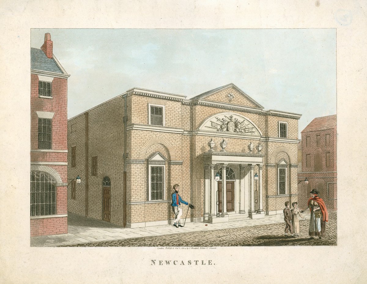 This 1804 print shows Newcastle's original <a href="/TheatreRoyalNew/">Newcastle Theatre Royal</a>, in Mosley St. The small brick building was designed by local architect David Stephenson &amp; was built in 1788. It was demolished in 1836 and a grander Theatre Royal, which we know today, was built in Grey Street.