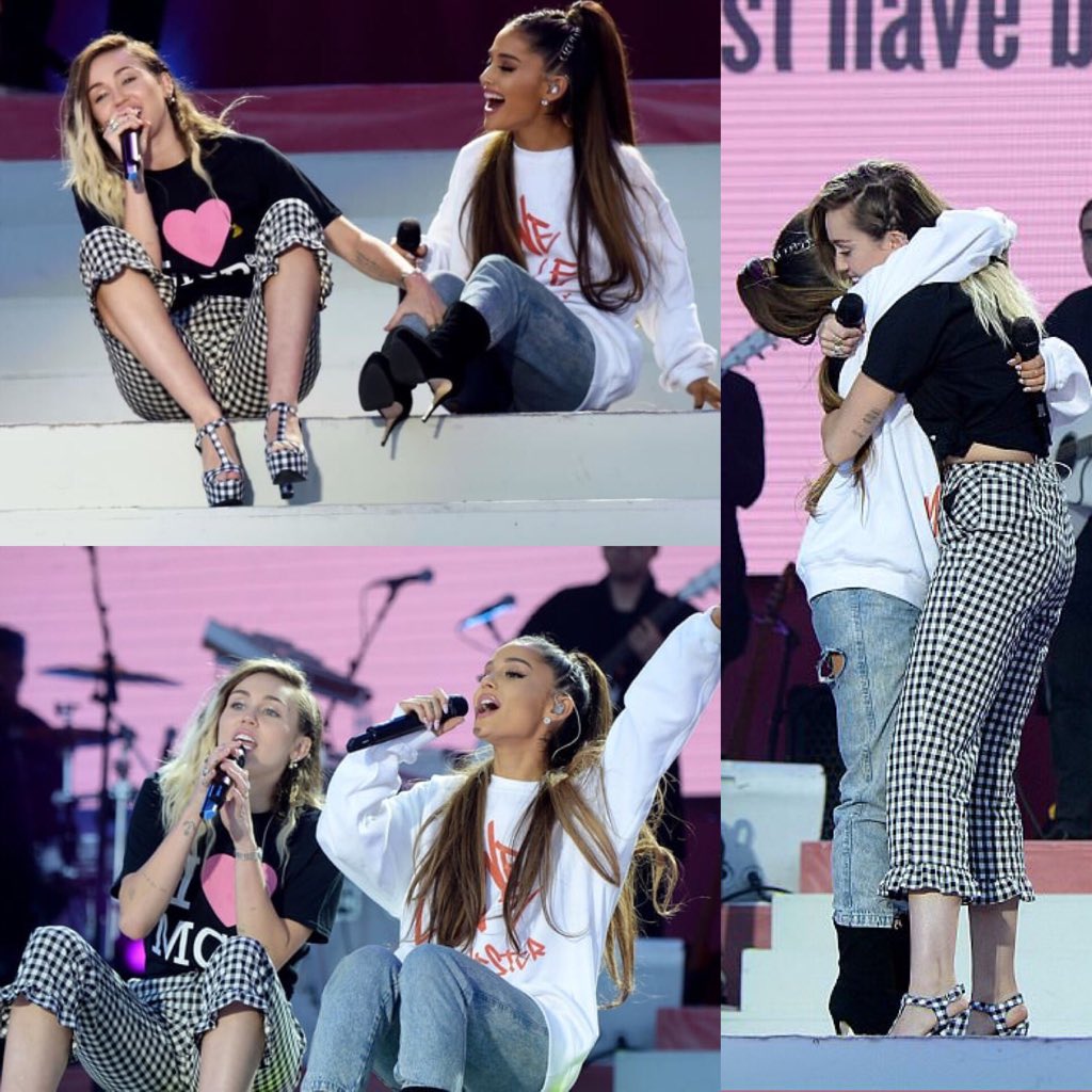miley joined ariana and many other stars at the one love manchester benefit concert to help raise money for the victms and families affected by the attack. miley and ariana performed “don’t dream it’s over” together 