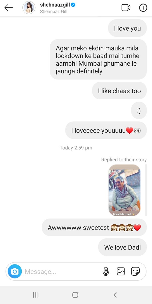 escapewidme's tweet photo. Idk if anybody does this but I always react to her Instagram stories and also message her sometimes with stars and emojis❣
I also tell her my favourite things even though she never asked for it😛
I'M IN LOVE AND IT'S A BAD ONE😂🙈  @ishehnaaz_gill
#WeLoveShehnaaz https://t.co/Ov2INLSLGI
