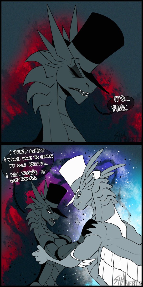 ShaBiest's tweet photo. The inspiration is slowly coming back and I hope it's here to stay 😤

#Dragonous #Villainous_AU #dragonhat #blackhat #black_hat #whitehat #white_hat #dragonart #dragoncomic #dragon #digitalart #comic https://t.co/S2AciNNFsS