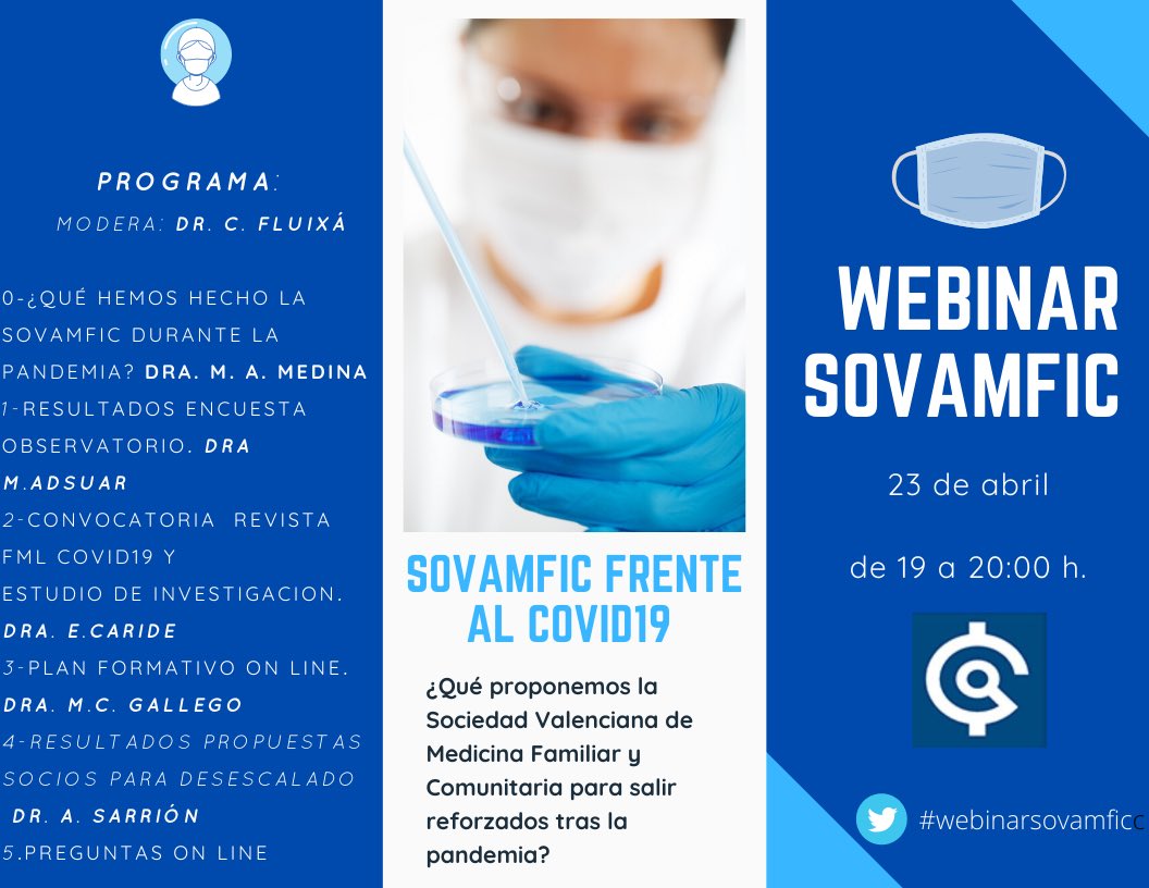 SoVaMFiC's tweet photo. 🔴 ¿Que hace SoVamFIC durante la #pandemia?
🔴 ¿Qué proyectos de #investigación y #formación vamos a lanzar a nuestros socios?
🔴 ¿Que datos arroja nuestro #Observatorio?
🔴 ¿Qué proponen nuestros socios para desescalar la #AtencionPrimaria?
No te pierdas el #webinarsovamfic https://t.co/qeKvWhKw6Q