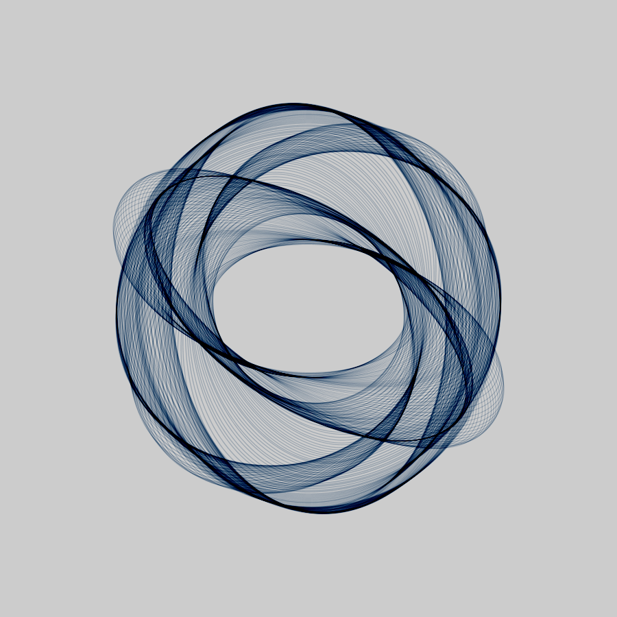 #つぶやきProcessing float x,y,n=random(30);
void setup(){size(900,900);stroke(#cda37a,60);noFill();blendMode(SUBTRACT);}
void draw(){strokeWeight(noise(n)*2+0.5);push();translate(450,450);rotate(noise(n+0.1)*2*PI);x=noise(n)*800;y=noise(3*n)*800;ellipse(0,0,x,y);pop();n+=0.005;}