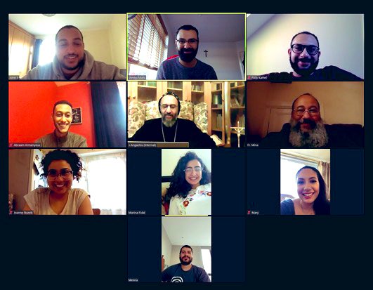 BishopAngaelos's tweet photo. Wonderful to have a leisurely Easter Sunday catch-up with those who have worked SO hard over the past weeks: our @CopticDiocese Clergy, Digital Platforms Team, Emergency Response Group and 
@CopticYouthUK Joint Youth Committee

Who thought isolation would be make is so connected? https://t.co/3ZWplRXEIT