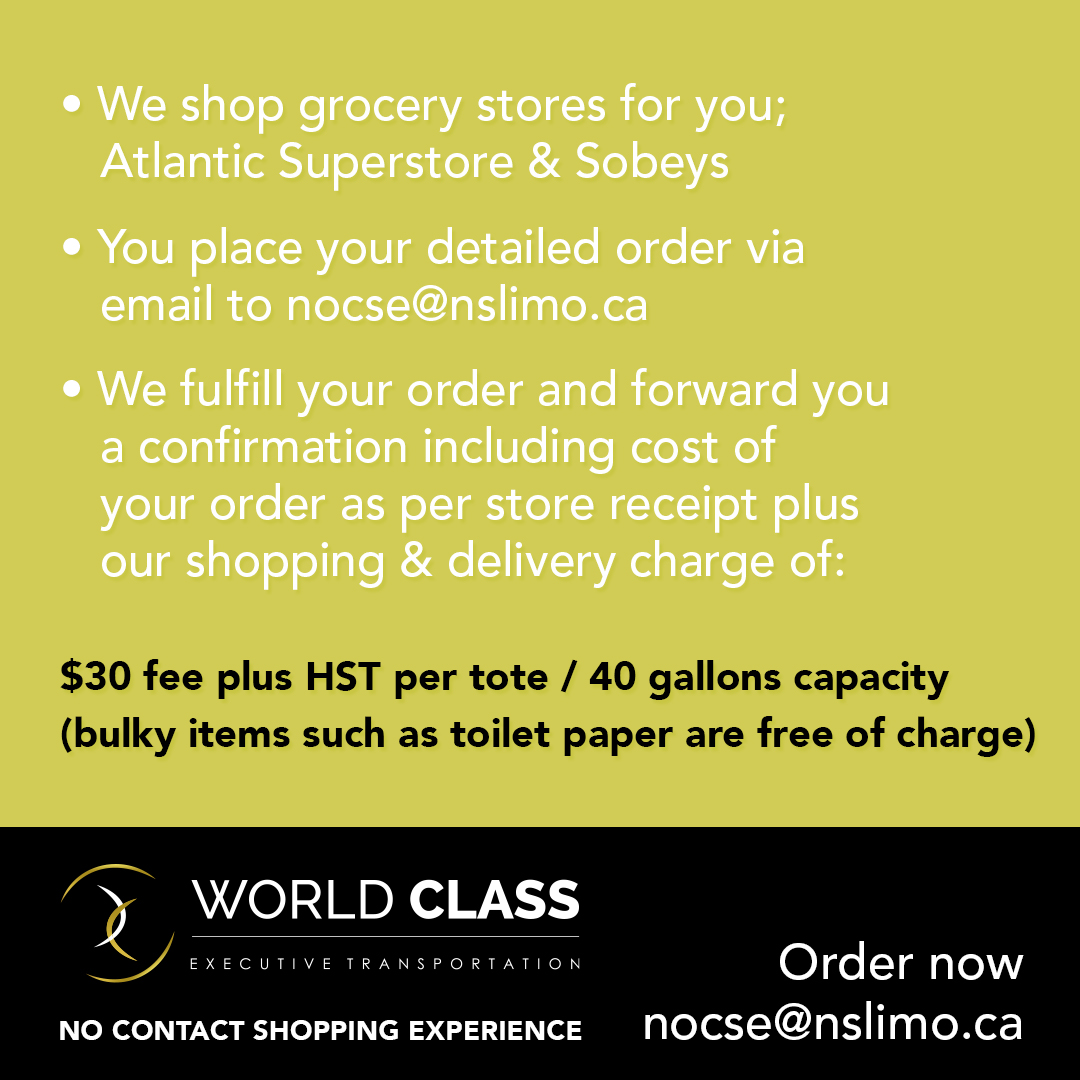 worldclasslimo's tweet photo. Since many of you are stuck at home these days, we thought we could at least bring you some groceries.  

You can place your order via nocse@nslimo.ca.

Payment will be made over the phone - no contact. 

$30.00 plus HST delivery.

See details below. https://t.co/vshSc64e01
