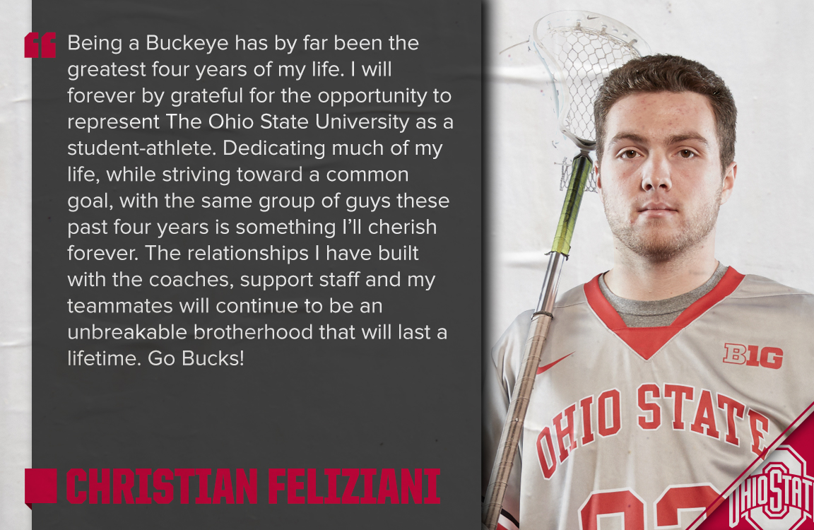 Next Saturday would have been our final regular season home game &amp; this week we'll honor our seven departing seniors.

First up ➡️ Christian Feliziani

🌰 Boothwyn, Pa.
🌰 118 face-offs won
🗣️ “Being a Buckeye has by far been the greatest four years of my life.”

#GoBucks