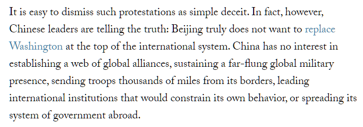 Assuming that China could overcome the aforementioned obstacles, though, would it seek to supplant the United States as the underwriter of a global order?The answer isn't self-evident; consider  @osmastro's conclusion from early last year. https://www.foreignaffairs.com/articles/china/china-plan-rule-asia[6/11]