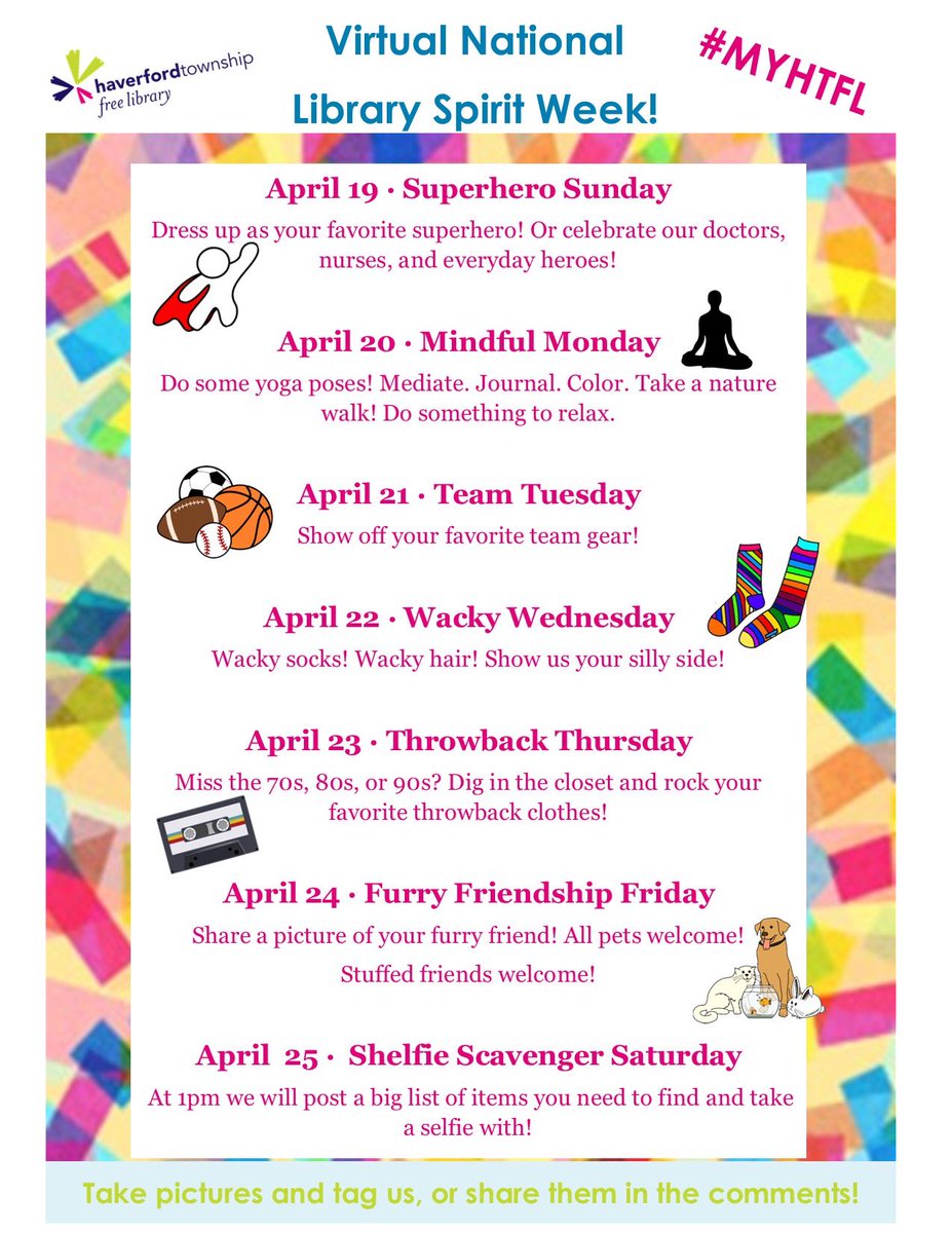 HaverfordLib's tweet photo. National Library Week has gone virtual!
Celebrate with us each day during a Virtual Library Spirit Week!
#myhtfl https://t.co/46gzErhXzD