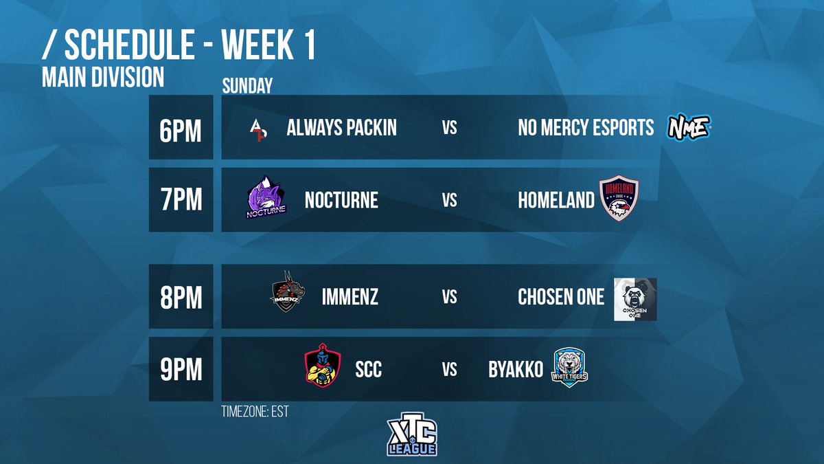 Today is the last round of games for this weekend! 

#Always Packin VS @wearethenme 
#Nocturne VS <a href="/HomelandEsports/">Homeland Esports</a> 
<a href="/ImmenZEsports/">Immenz Esports</a> VS @C1_eSports 
<a href="/SpartanClanComp/">Spartan Clan Competitive</a> VS @WTEsportsR6 

Watch these games live! 
twitch.tv/xtcleague
