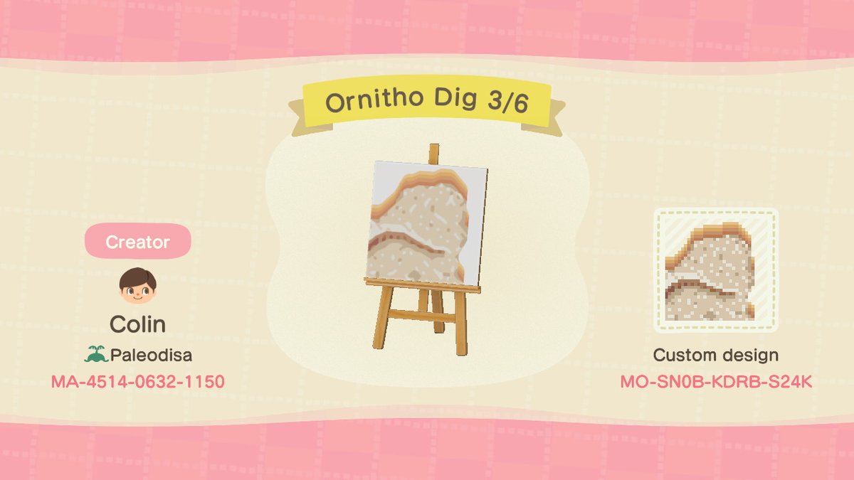 ColinM_Art's tweet photo. Fixed up this ornithomimid dig design I made in New Leaf. Enjoy! (1/2)

#AnimalCrossing #ACNH #ACNHDesigns #dinosaur #paleontology https://t.co/TfSd5xZKQa