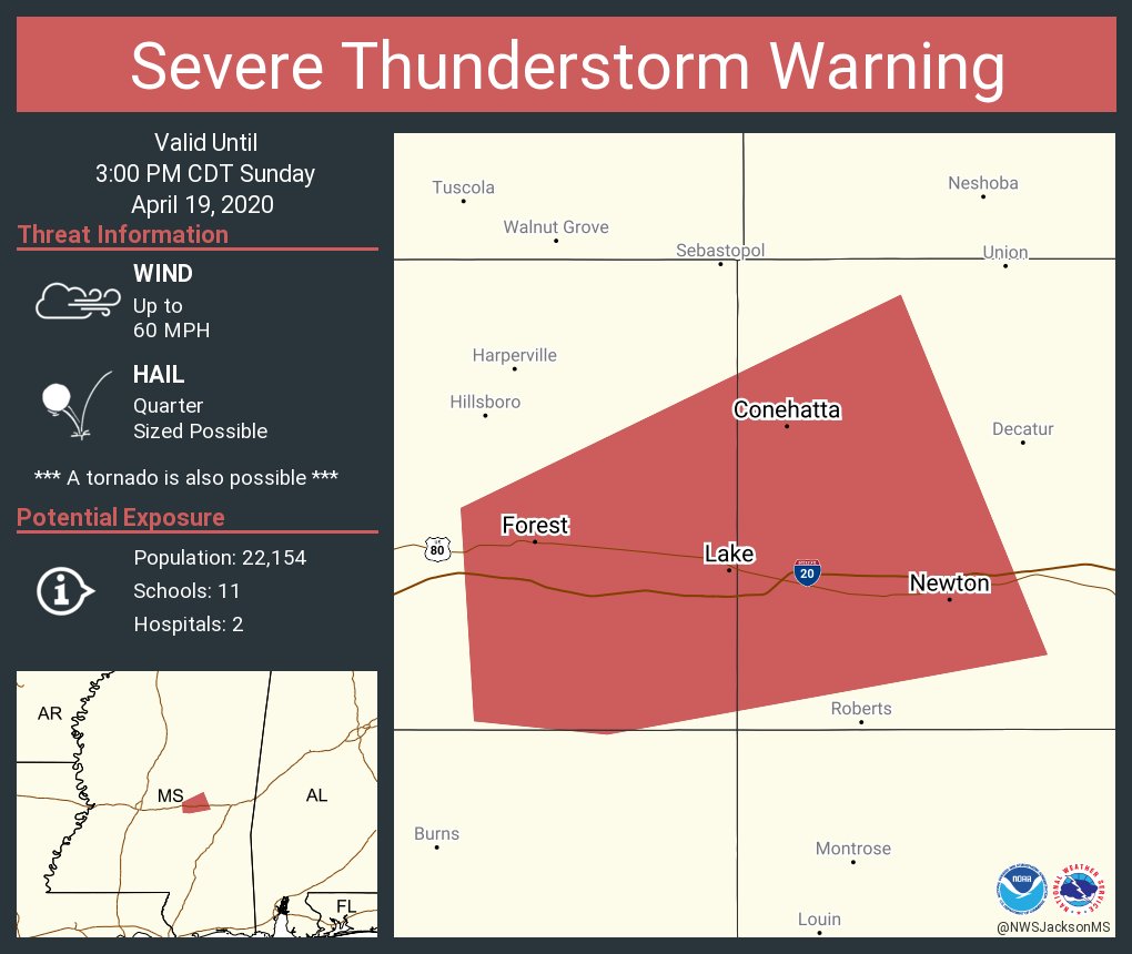 Severe Thunderstorm Warning continues for Forest MS, Newton MS