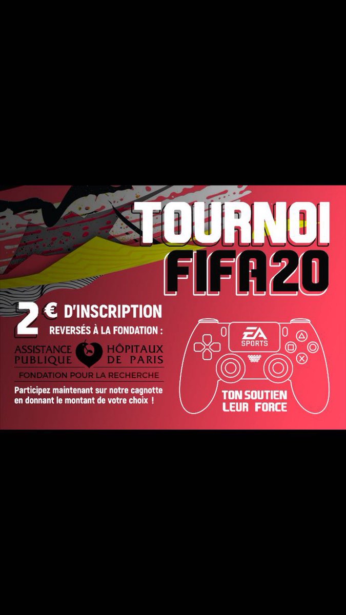 Bonjour à tous, 
Nous lançons un tournoi FIFA 20 sur PS4, ce tournoi a pour objectif de venir en aide aux malades et au corps médical, tous les fonds seront reversés à <a href="/FondationAPHP/">FondationAPHP</a> ! 
Le lien d’inscription sera prochainement disponible !
RT apprécié !
#TonSoutienLeurForce