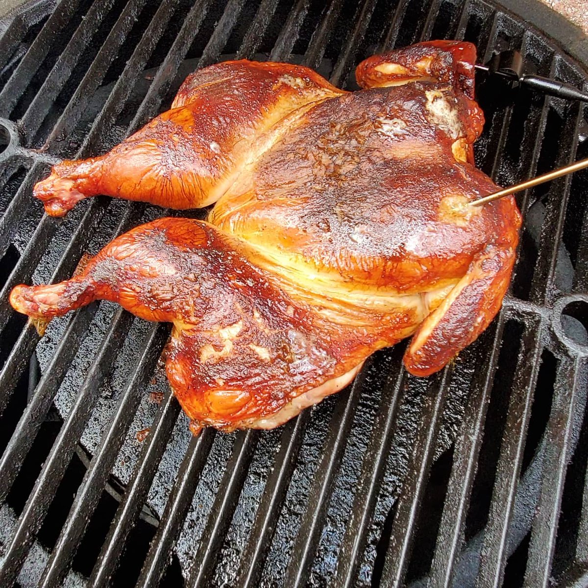 bbqtestpit's tweet image. Simple, but amazing. 

Spatchcock chicken. Butter, salt, garlic powder and sumac under the skin for a little over 24 hours. A little baking powder dusting a couple hours before while air drying, and into some peach and maple smoke for a little under an hour (325-375)