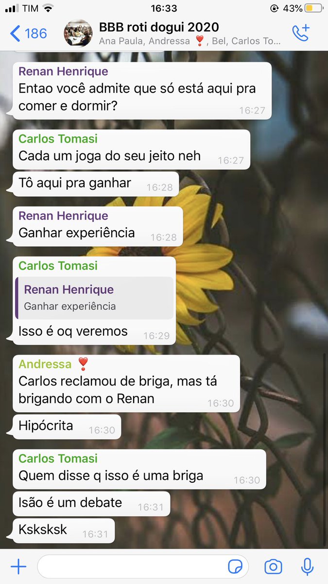 BbbRoti's tweet image. TRETA NA CASA

Carlos pensa em desistir do jogo e reclama do modo de jogar dos participantes

Andressa defende Renan