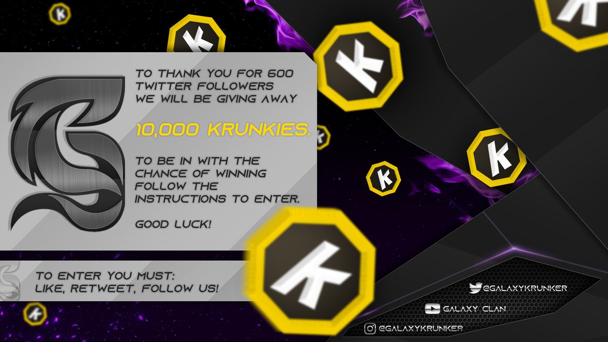 Hey! To celebrate achieving 600 followers, we're again hosting a 10k KR giveaway. 

To participate you must:
-Follow our twitter (<a href="/GalaxyKrunker/">Galaxy Krunker</a>)
-Like this tweet
-Retweet

Giveaway winner will be chosen on April 22.

Good luck!
