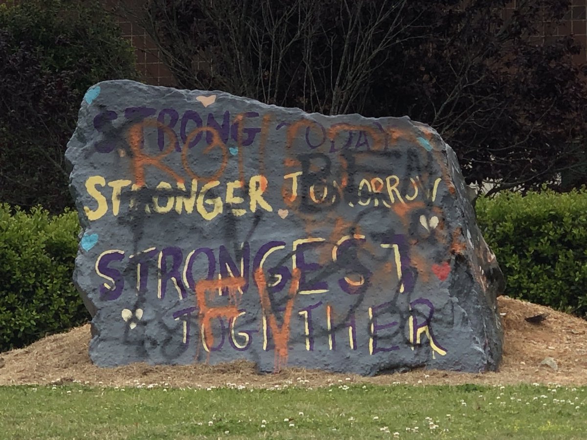 BigweatherABC11's tweet photo. Outside @HSHSnews theres a rock painted by students. Last night someone spray painted it w/ @fvhsbengals colors. Seriously? Please find common ground. It’ll be easier to cross it together in the rough times ahead... thanks @HSHSPrincipal4  for painting over it today! https://t.co/DhbXvZphRo