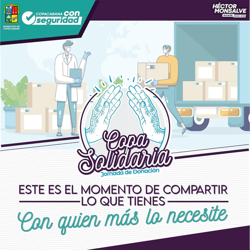 Alcaldiacopa's tweet photo. Es momento de dar lo mejor de nosotros por aquellos que más lo necesitan. 👏✅ El martes 21 y miércoles 22 de abril realizaremos la jornada de donación #CopaSolidaria. Pronto compartiremos las maneras en que puedes ayudar 💪 https://t.co/5v8qZwdhFP