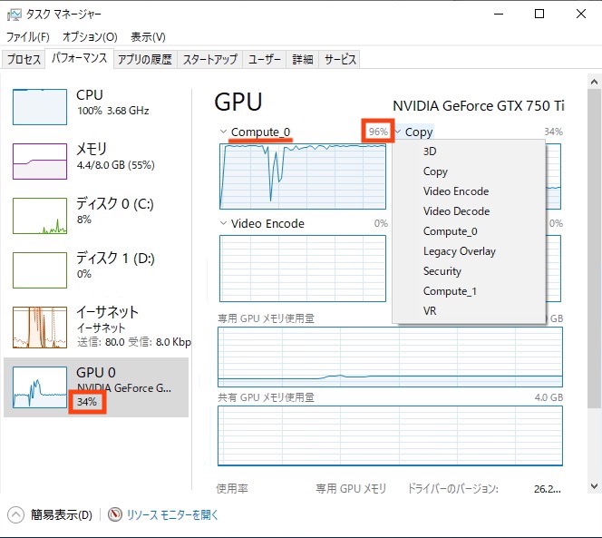 Inunenko ｲﾇﾈﾝｺ Folding Home機 Gpu使用率がタスクマネージャとmsi Afterburnerで食い違っている コレ どうやらタスクマネージャのgpu表示でcompute 0を選択すると同じものが表示されるようだ Gpu使用率が低いなと心配でしたちゃんとゴリゴリ動いてい