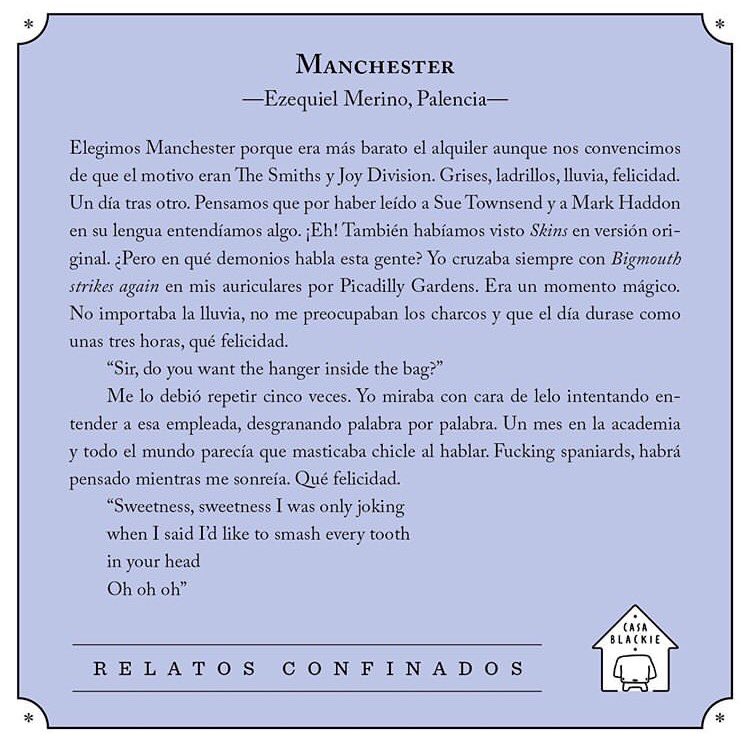 EzequielMCE's tweet photo. ¡Qué ilusión! @BlackieBooks  Gracias ❤️
#Manchester 🐝 #relatosconfinados https://t.co/7naPNr3NN9