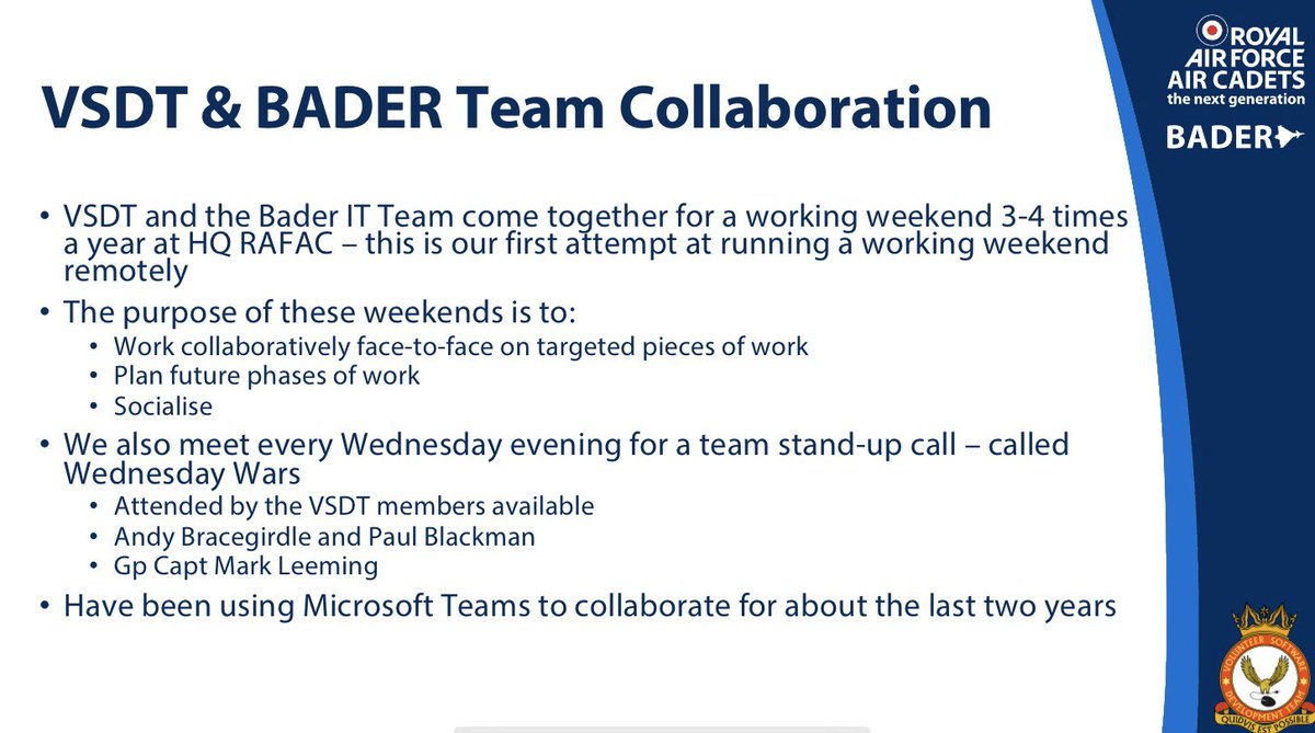 Busy weekend culminating in a briefing for <a href="/ComdtAC/">Commandant RAF Air Cadets</a> and the other members off the <a href="/aircadets/">RAF Air Cadets</a> Command Board on what we have been up to with <a href="/CadetPortal/">Cadet Portal</a> and <a href="/BaderSupport/">BaderSupport</a> SMS over the last couple of days 👍