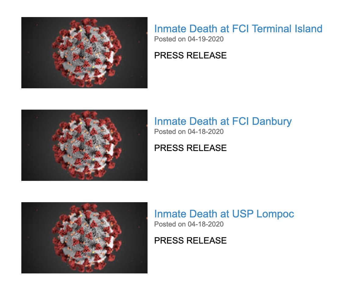 Screenshot of the Bureau of Prison's website that shows links to three press releases related to deaths in federal prison due to COVID-19.