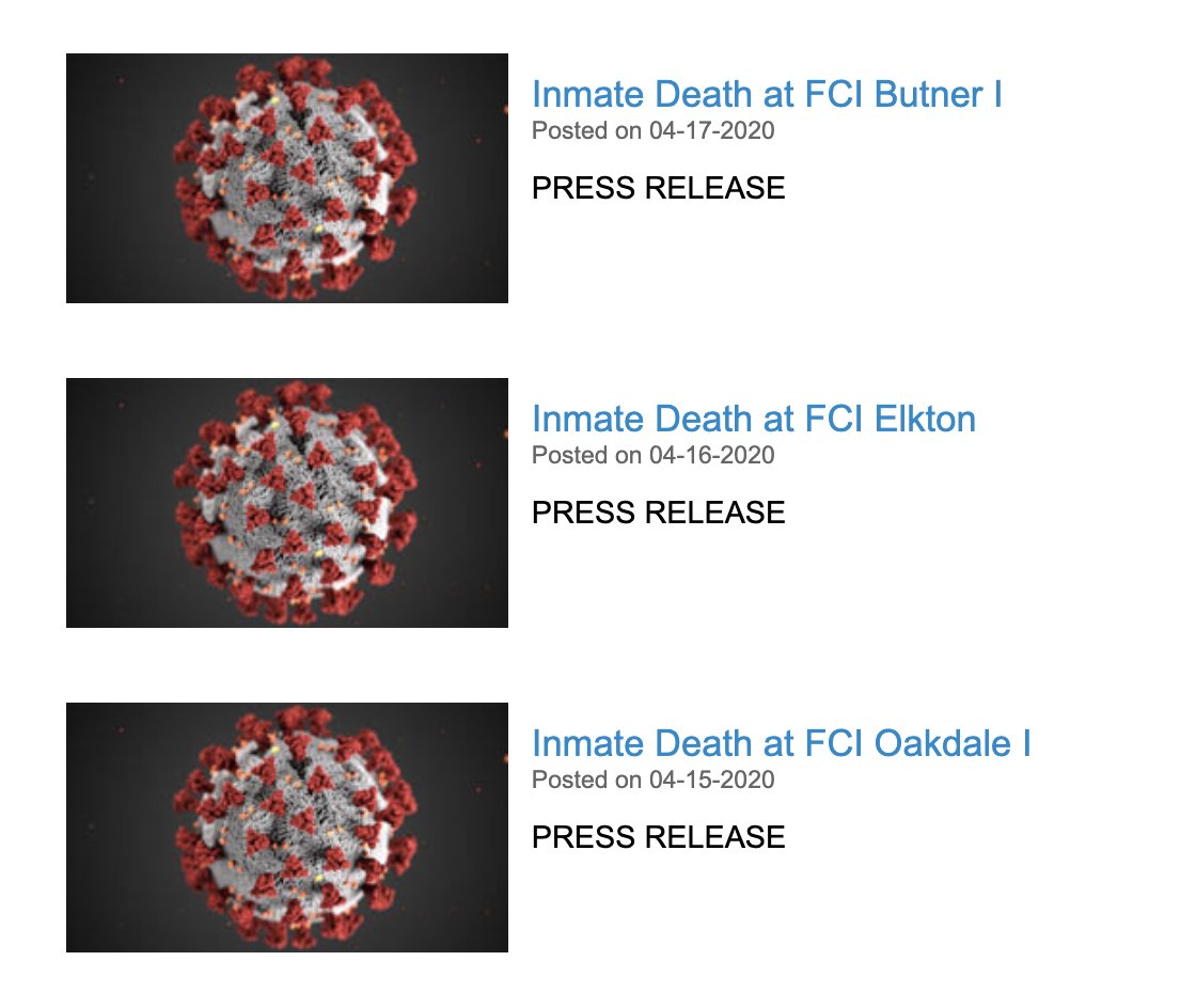 Screenshot of the Bureau of Prison's website that shows links to three press releases related to deaths in federal prison due to COVID-19.