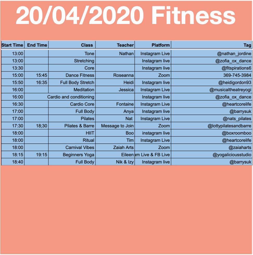 arts_stream's tweet photo. Tomorrow’s dance &amp; fitness classes 💃 
Date: 20/04/2020 🗓 
🟡 Musical Theatre 
🔵 Fitness 
🟣 Live Stream Arts Fitness 
🔴 Bought advertisements 

⏰ Time zone. - BST / GMT +1 
#dance #lockdown #musical #music #musicaktheatre #fitness #fit #workout https://t.co/POMfIzqT6b