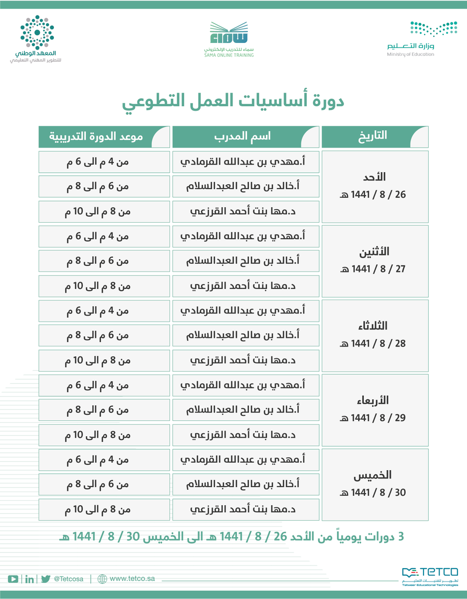 TETCOSA's tweet photo. شكراً لثقتكم  وإقبالكم  الكبير على الدورة في يومها الأول .
ستعقد الدورة ثلاث مرات يوميا خلال الأسبوع حسب الجدول التالي
عبر #منصة_سماء للتدريب الإلكتروني
https://t.co/iPZ1iKBtkf https://t.co/wqRa48nw09