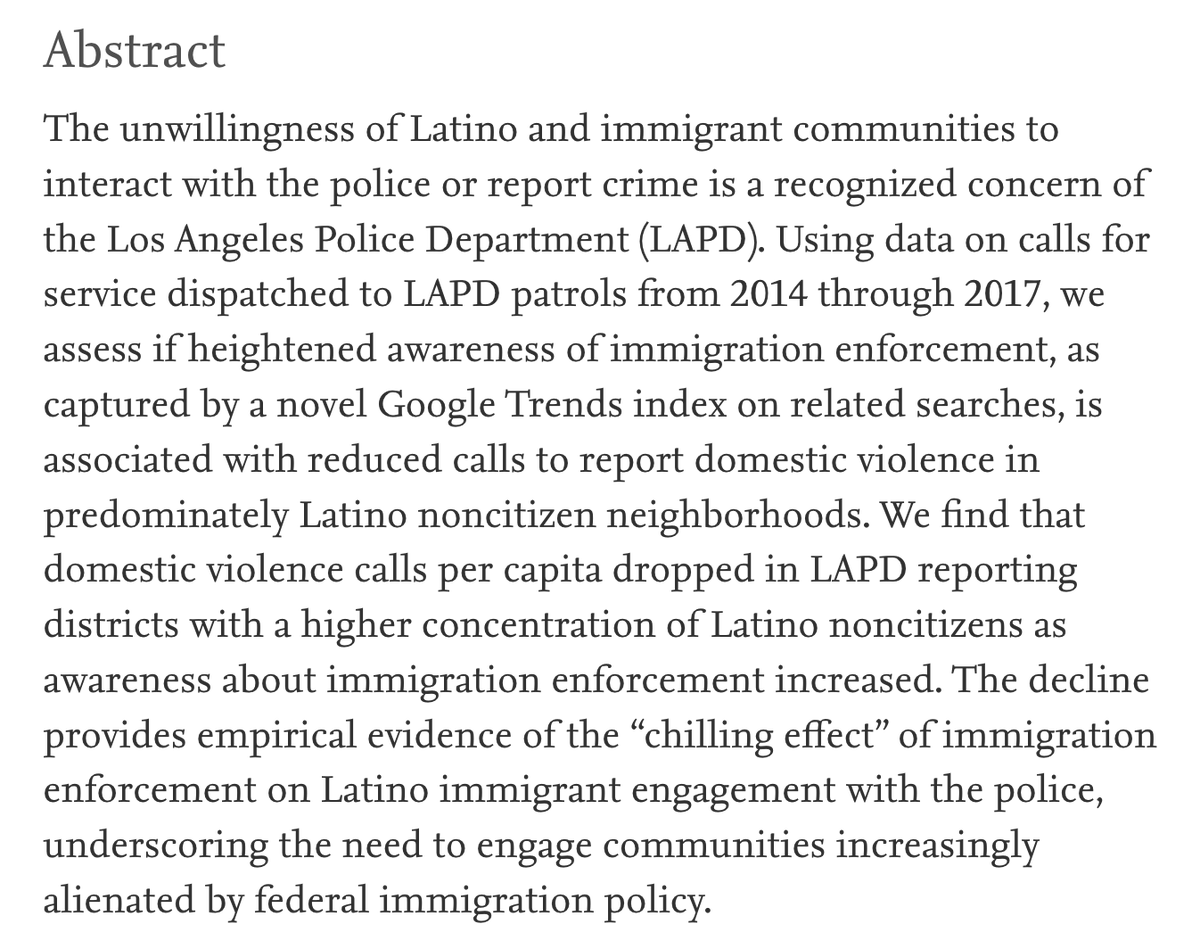 Muchow & Amuedo-Dorantes. 2020. "Immigration enforcement awareness and community engagement with police: Evidence from domestic violence calls in Los Angeles" https://doi.org/10.1016/j.jue.2020.103253