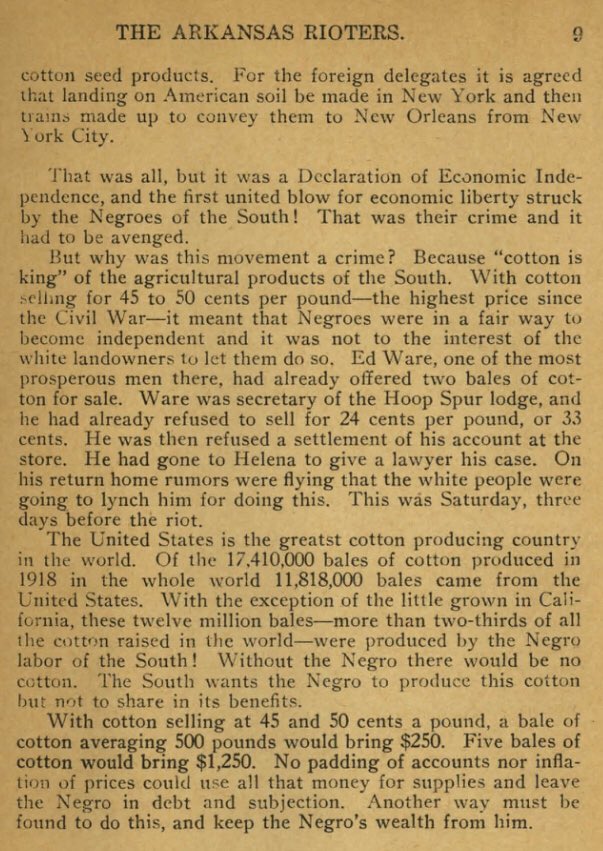World War I just ended. Black vets had been exposed to better treatment by Europeans due to their American status, and demanded better treatment in America as well. Farmers in Arkansas felt the same way. Ida B Wells explains what these farmers did, which started everything.