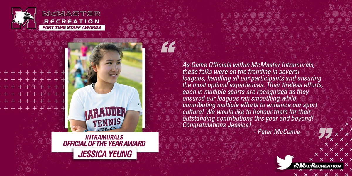 MacRecreation's tweet photo. Congratulations to Jessica Yeung, recipient of the Intramural Game Officials of the Year Award!

#MacRecreation https://t.co/pS2b5AMRHP