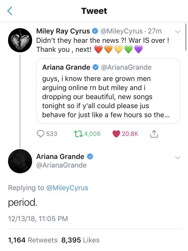 ariana and miley both released new songs (imagine and war is over) while kanye west and drake were feuding, and ariana asked everyone to not pay attention to the drama so that her and miley could shine. 
