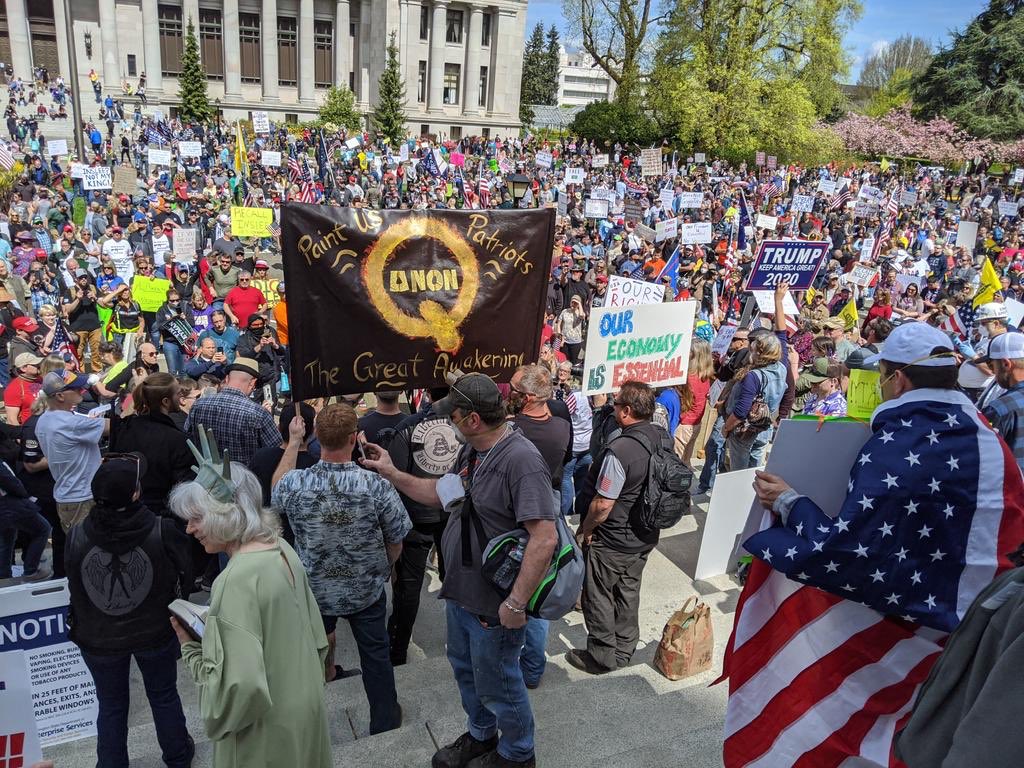 Jordan_Sather_'s tweet photo. Q spotted at the rally against the stay at home order in WA State. 

#QAnon https://t.co/A5oe8zULn5
